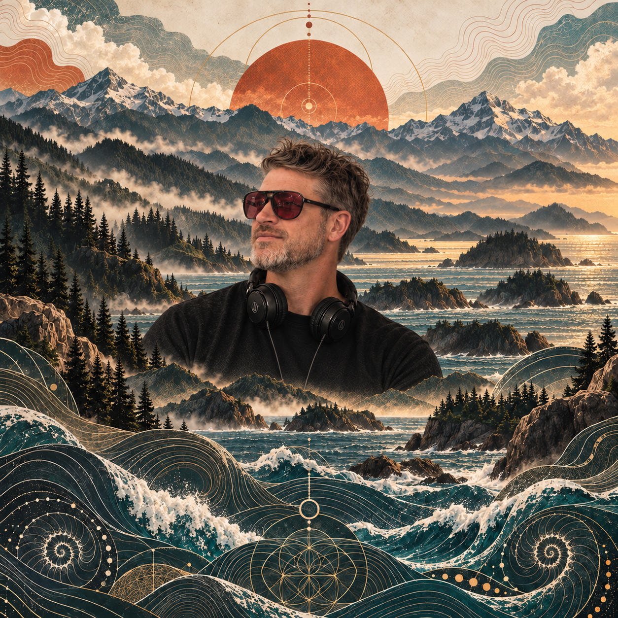 Bassline B surrounded by mountains, ocean waves, and geometric artwork