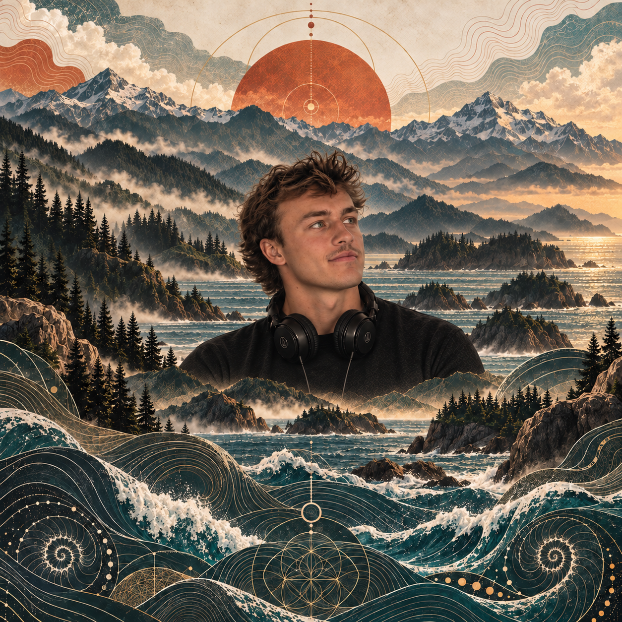 KōKō surrounded by mountains, ocean waves, and geometric artwork